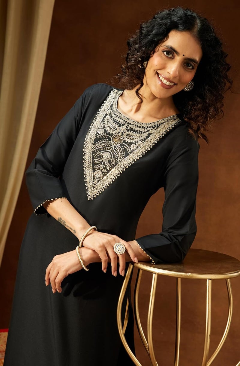 Janasya Women's Black Chanderi Silk Yoke Embroidered Straight Kurta - Image 2